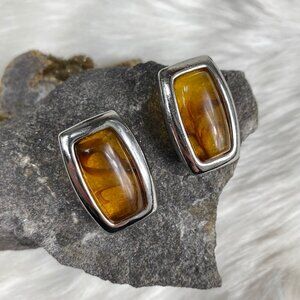 Vintage Faux Amber Silver Tone Rectangle Clip-on Earrings 1.25" X .75"